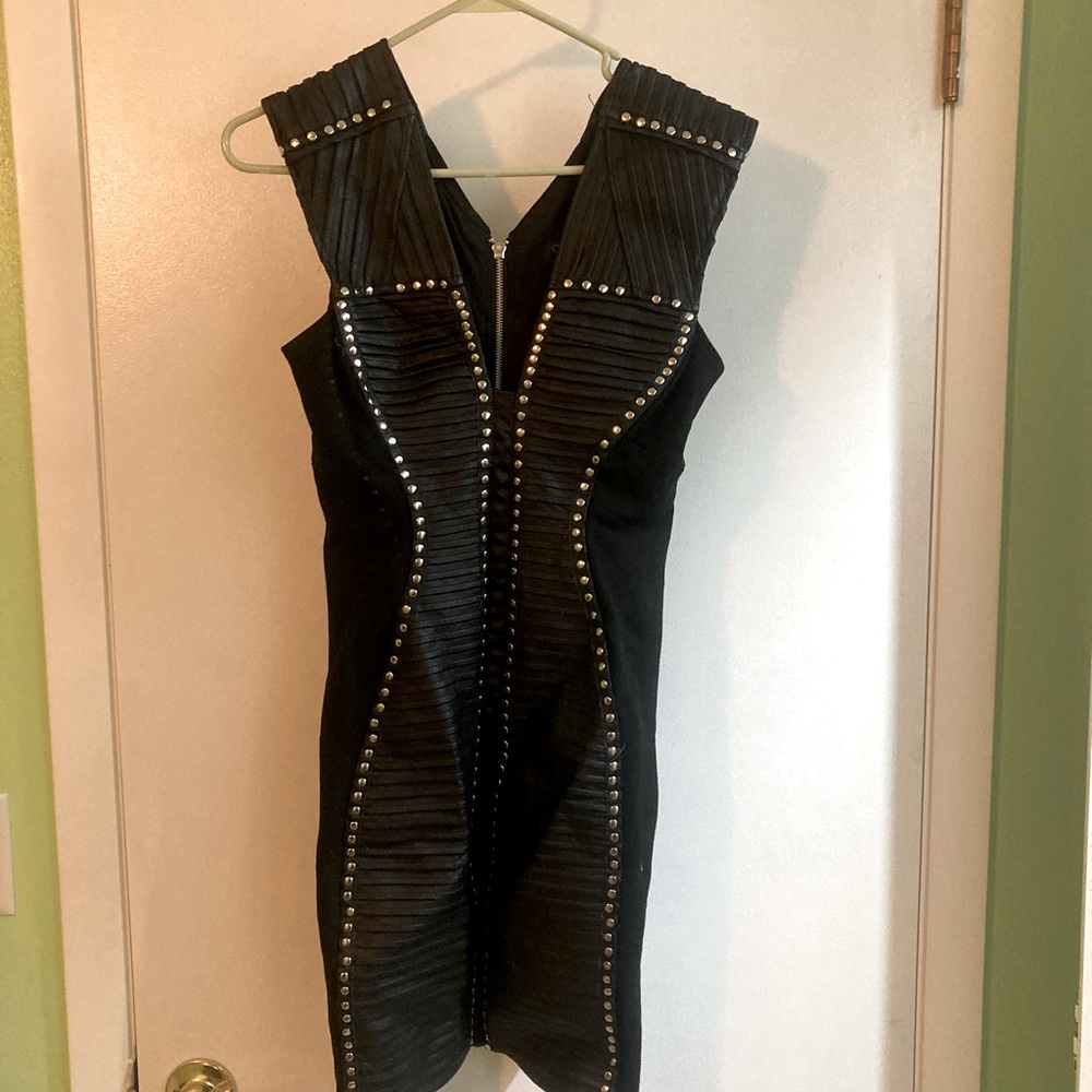 Black faux leather mini dress with stud detail